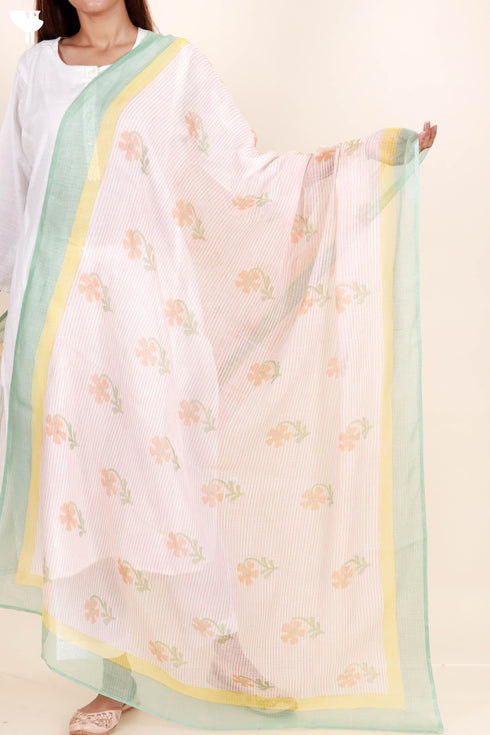 Kota Doria Dupatta In Floral Block Print